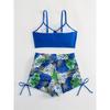 Tropical Leaf Print V Neck High Waist Bikini Sets, Drawstring Spaghetti Straps Boxer Short Bottoms Two Pieces Swimsuit, Women's Swimwear & Clothing