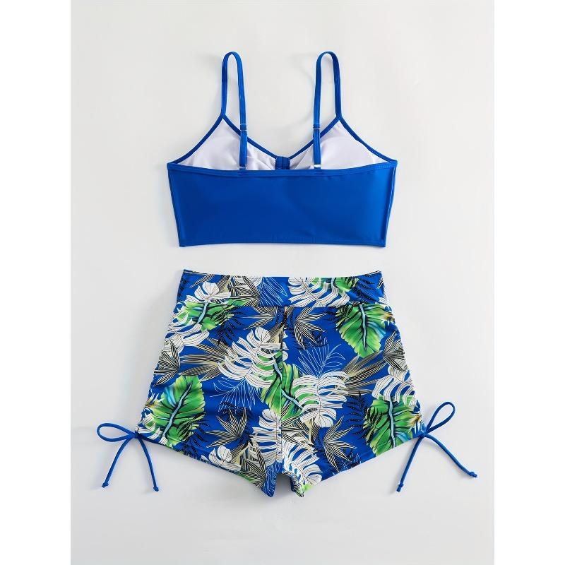 Tropical Leaf Print V Neck High Waist Bikini Sets, Drawstring Spaghetti Straps Boxer Short Bottoms Two Pieces Swimsuit, Women's Swimwear & Clothing