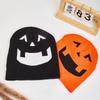 Devil Smiley Face Halloween Knit Hat with Ear Protection and Pumpkin Embroidery