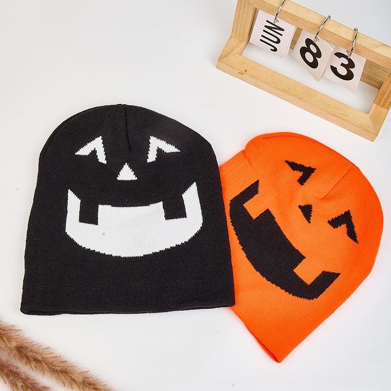 Devil Smiley Face Halloween Knit Hat with Ear Protection and Pumpkin Embroidery