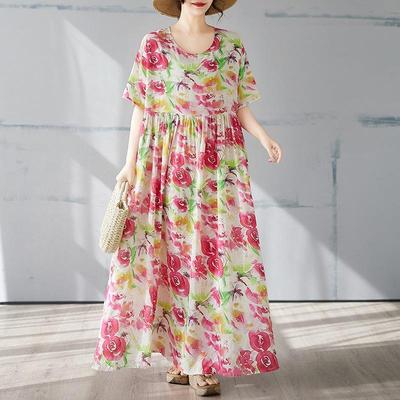 Vestido longo de verão vintage de algodão plus size com manga curta e estampa floral, novidade para mulheres, casual, solto