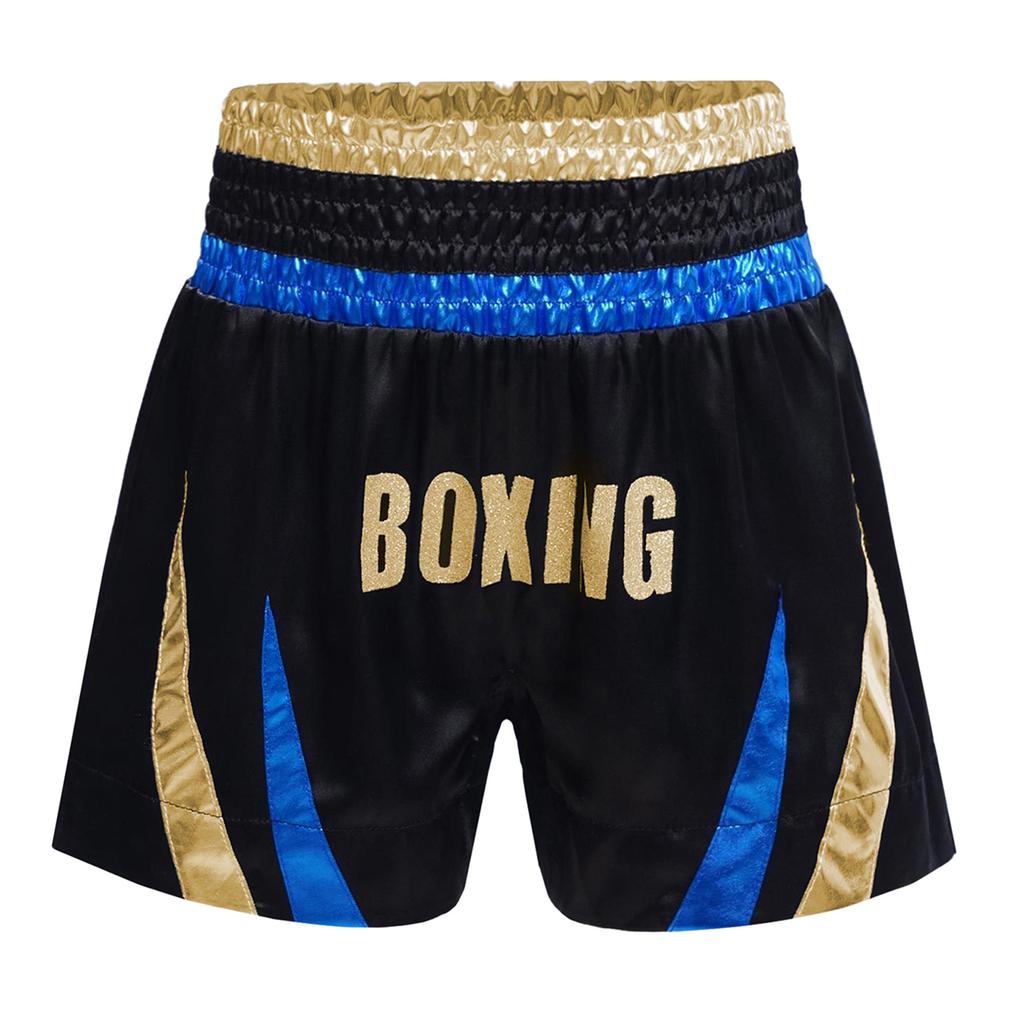 Jungen Glänzende Buchstaben Aufdruck Boxershorts Farbblock Metallisches Patchwork Seitenschlitz Satin Boxen Trainingsshorts