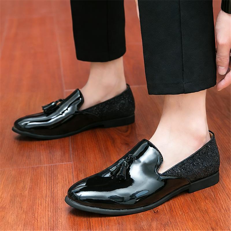 Fashion Men's Gold Black Sequin Tassels Patent Leather Casual Shoes Male Formal Wedding Dress Homecoming Footwear Zapatos Hombre