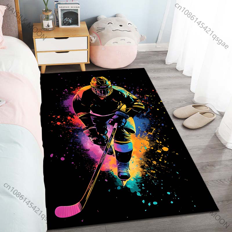 Bunte Illustration eines Hockeyspielers Teppich für Wohnzimmer Schlafzimmer Nachttisch Bodenmatte Garderobe Kinder Spielmatte Teppich