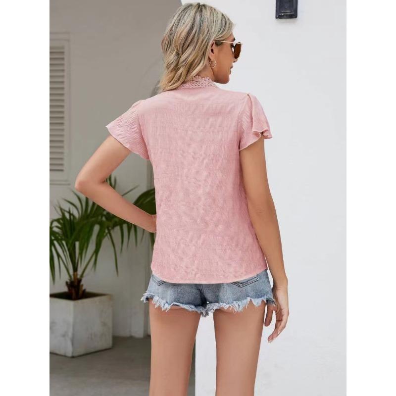 Short Sleeved Cardigan Top Women's Lace Trim V-Neck Flutter Sleeve Blouse