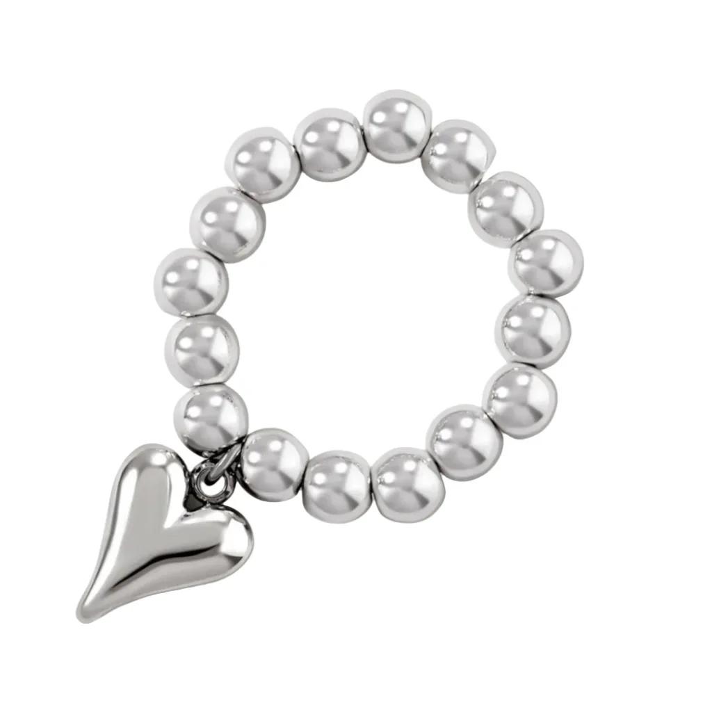 Vintage Handmade Love Heart Pendant Beaded Elastic String Rings for Women Girl Silver Color Bead Adjustable Ring Jewelry