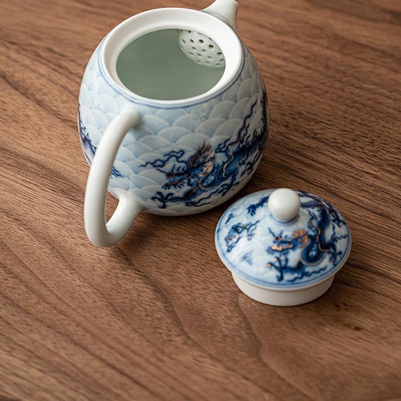 Metal Inlay Blue and White Dragon Teapot Single Ceramic Porcelain Chinese Kungfu Dragon Making Pot for Pu'er Tea