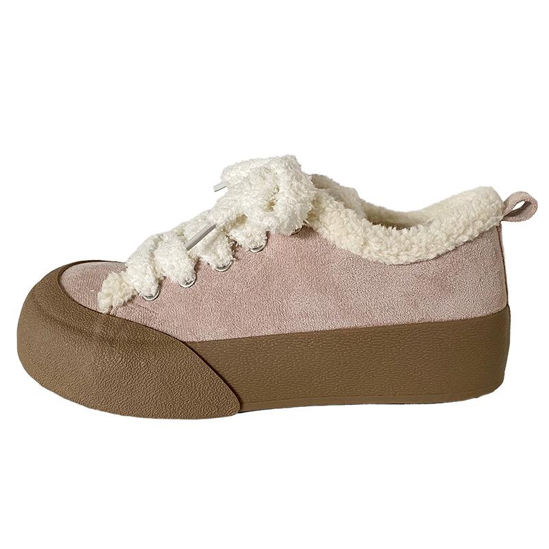

BE-6792 niche shoelaces/platform plush board shoes women s shoes winter warm and thickened 2024 new niche cotton shoes 35 розовый