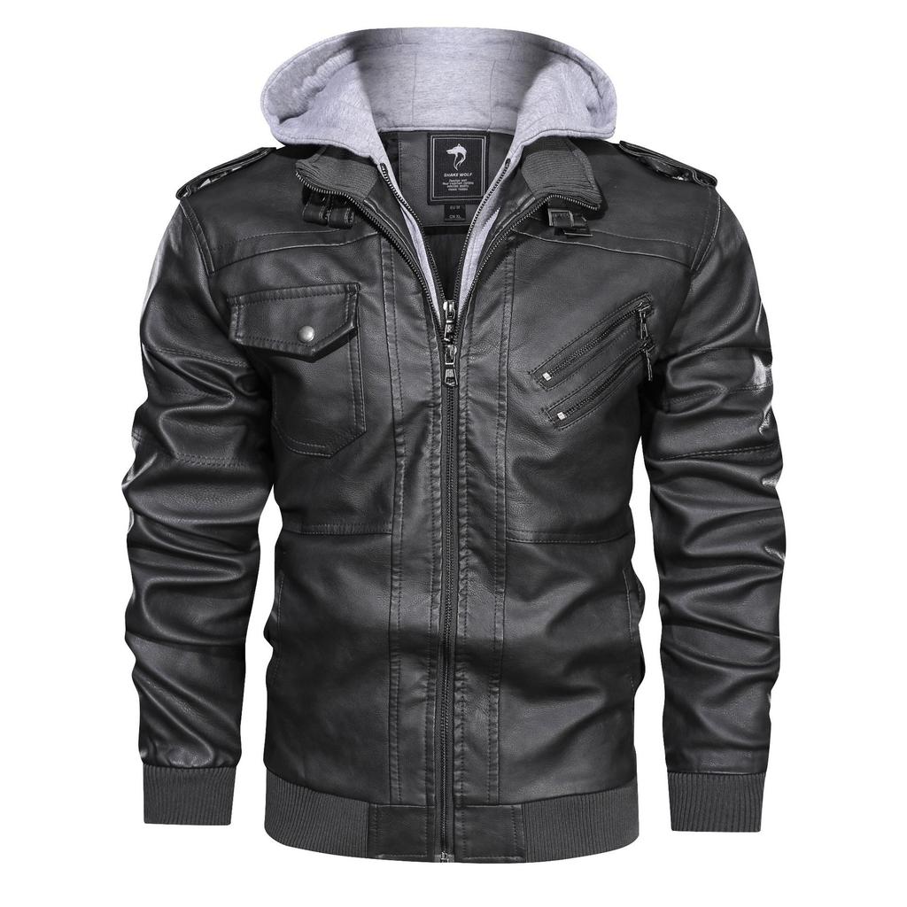 Hooded Leather Jacket Men's Fashion Trend Locomotive PU Leather Jacket Large Size Youth Jacket Hat Removable Casual Jacket
