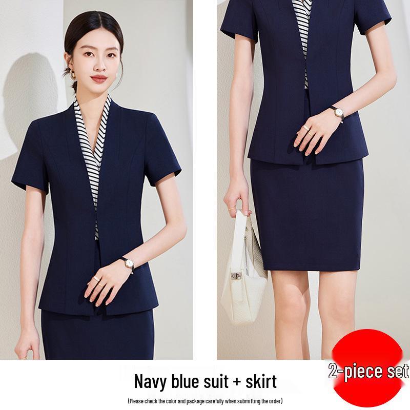 Chic Black Short-Sleeved Collarless Suit Set: Professional Workwear for Sophisticated Women