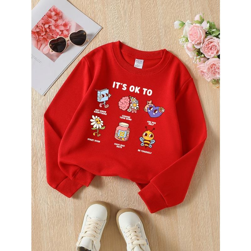 European sizes Girls' Crew Neck Sweatshirt Cute Book Brain Flower Cat Heart Jar Bee, Soft Cozy Pullover, Warm Casual Outfit