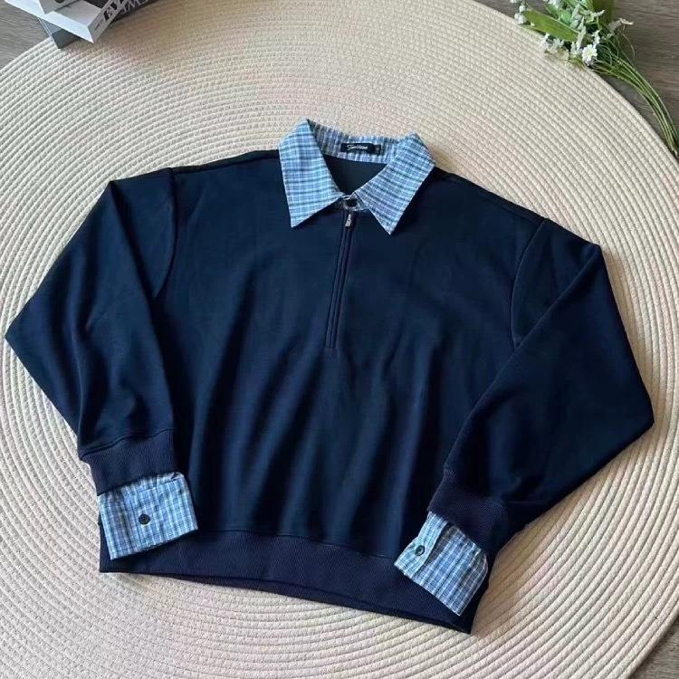 

Men s Dark Blue Plaid Two-Piece Style Long-Sleeve Sweatshirt, Spring/Autumn, Cleanfit, Casual Loose Lapel Top for Couples Large темно-синього кольору