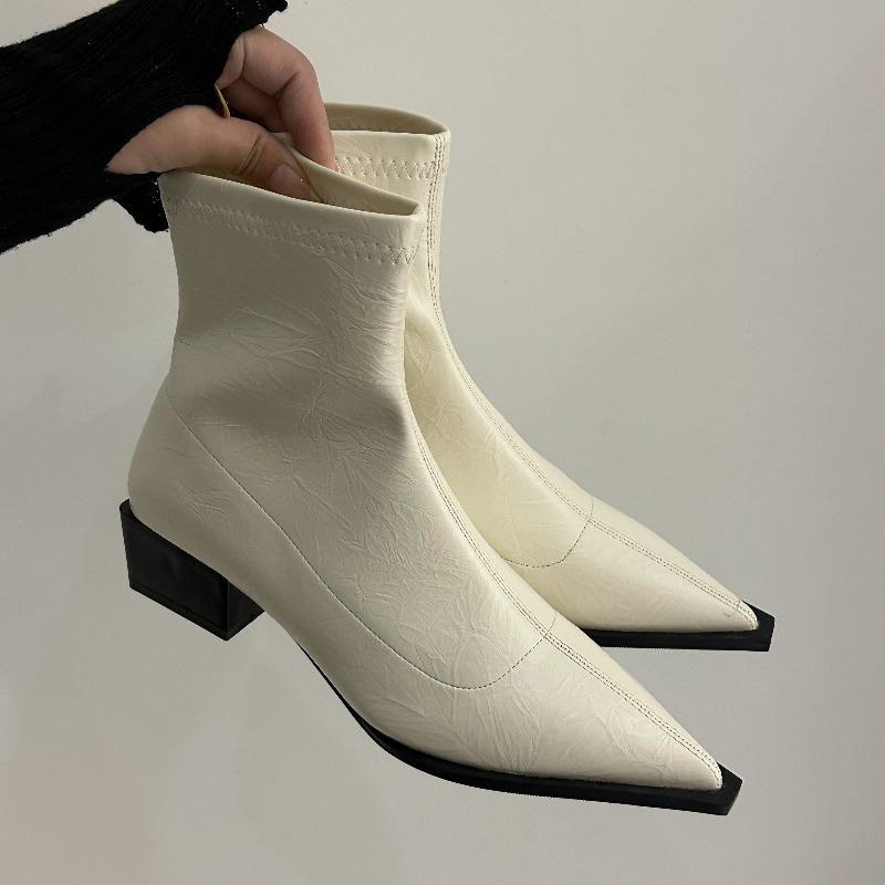 New Pointed Toe Women Ankle Boots Fashion Thick Heel Slimming Short Booties Autumn Winter Soft Leather Female Shoes