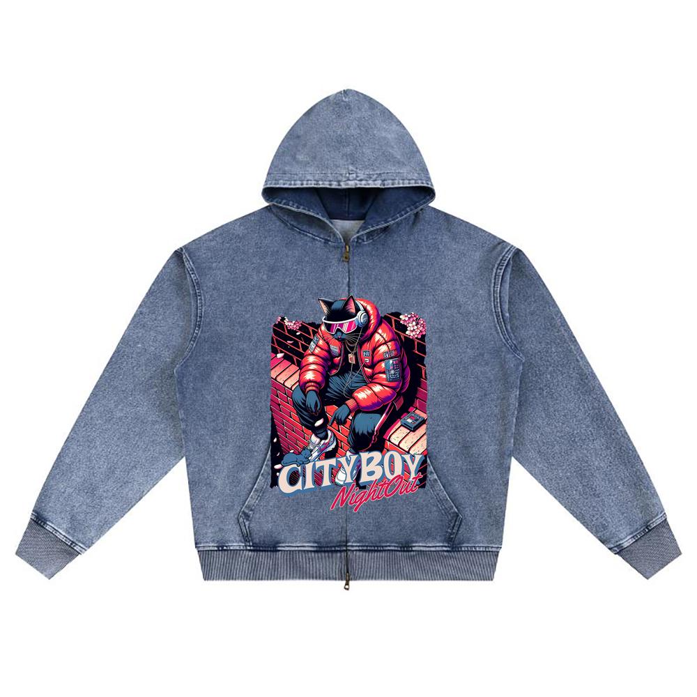 DTG print Knitted Denim Zip-Up Hoodie Futuristic Cat Brother Print Zipper Hoodies  