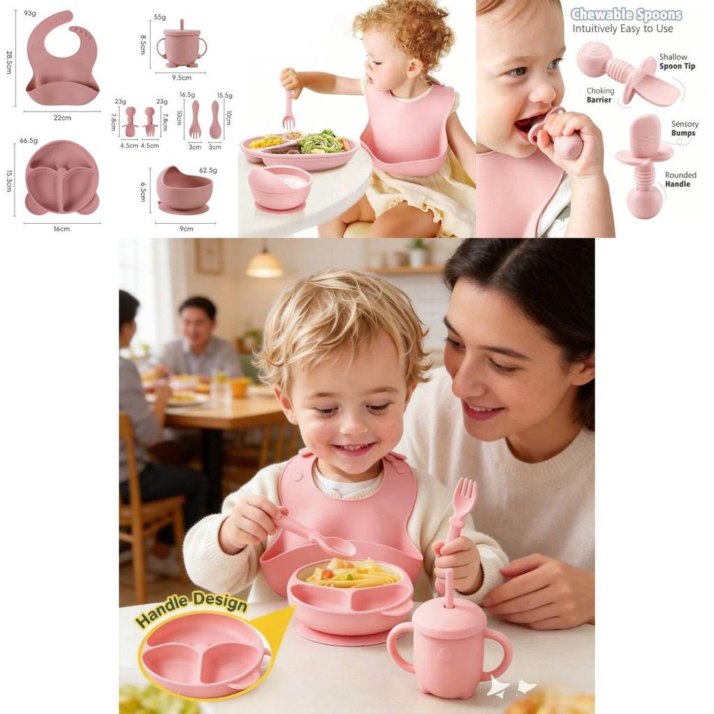 Baby Silicone Feeding Set With Suction Bowl And Learning Utensils For Toddler Nutrition