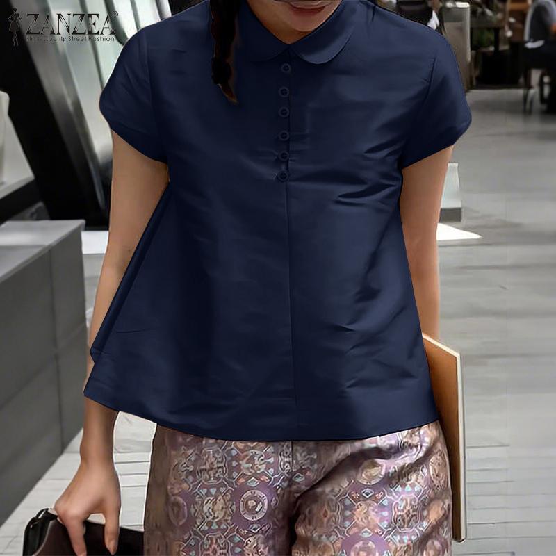ZANZEA Women Summer Casual Doll Collar Short Sleeve Satin Blouse