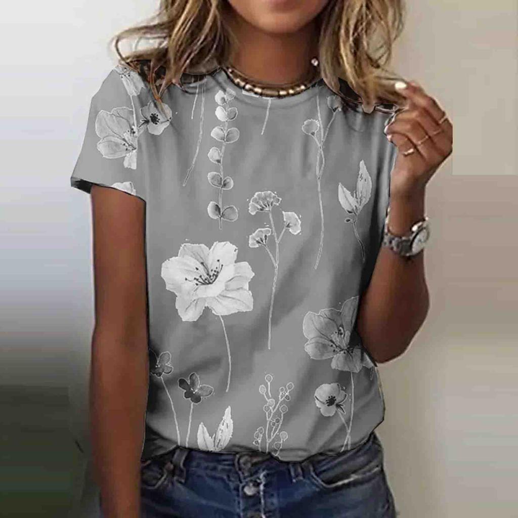 Women's Fashion Casual Short Sleeve Flower Print Round Neck Pullover Top Blouse