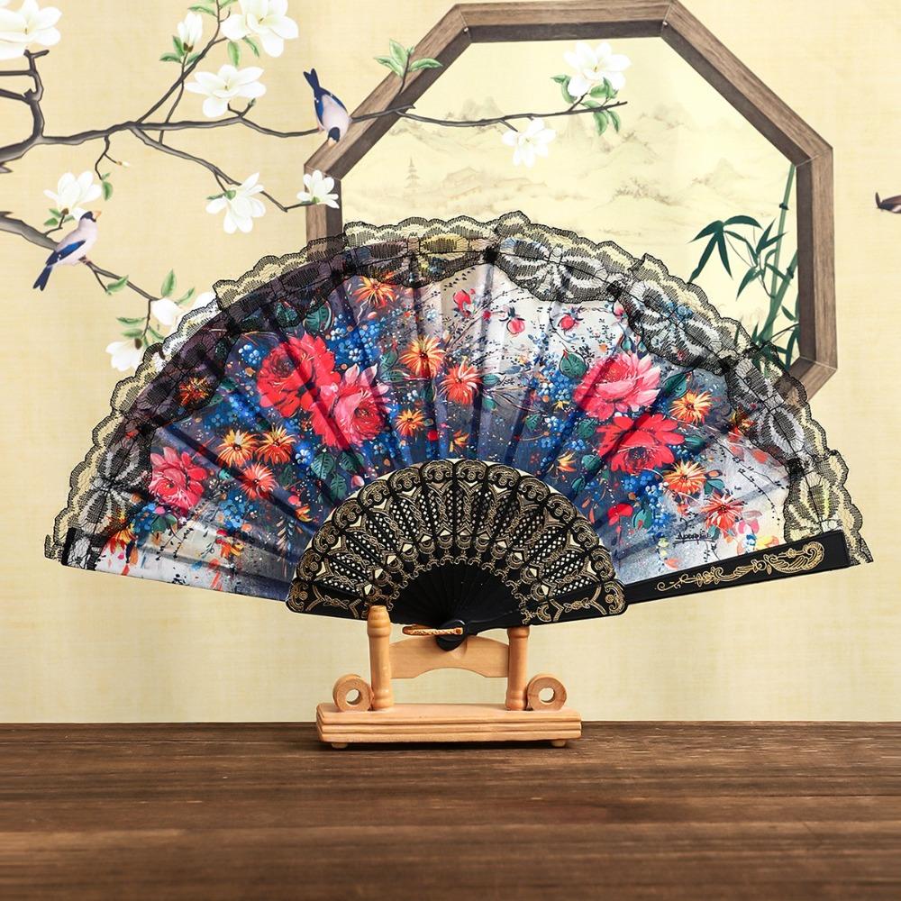 Plastic Ribs Spanish Folding Fan Lace Trim Edge Handheld Fan Elegant Dance Prop Fan Gift