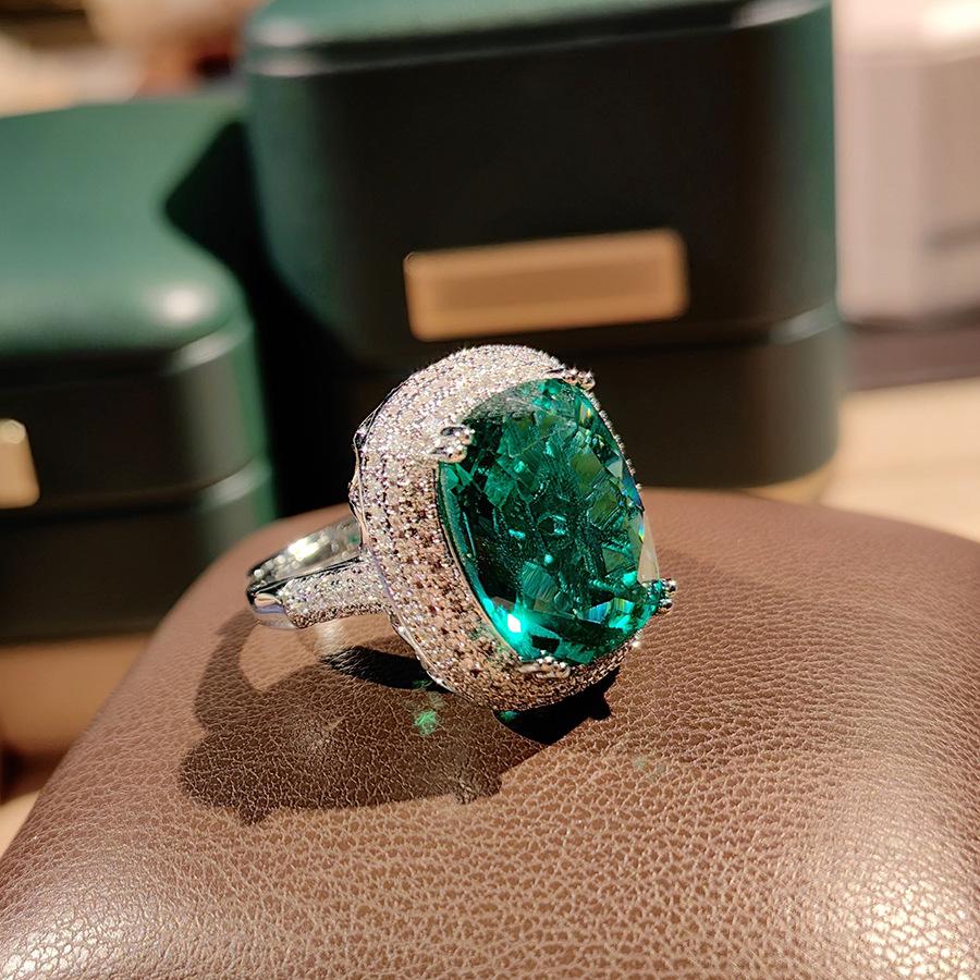 Temperament Fashion Emerald Pendant Necklace Inlaid Fat Rectangle Green Diamond Stud Earrings Live Ring Treasure Suit Women