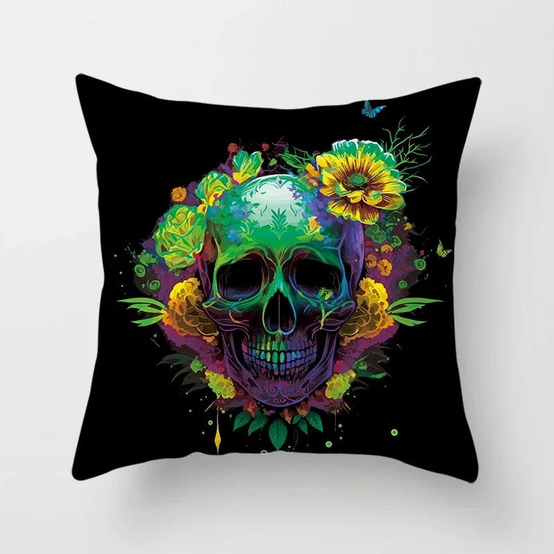 Home Decor Colorful Skull Flower Pillowcase Decorative Print Square Car Sofa Fashion Cushion Cover