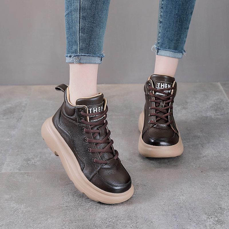 Dame Vintage Kuskinn Høye Ankelstøvletter med Tykk Såle og Rund Tå - Høst/Vinter Kolleksjon.