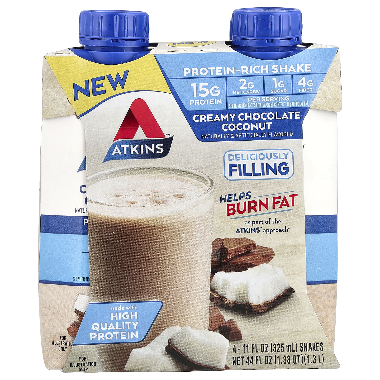 

Atkins, Protein-Rich Shakes, Creamy Chocolate Coconut, 4 Shakes, 11 fl oz (325 ml) Each