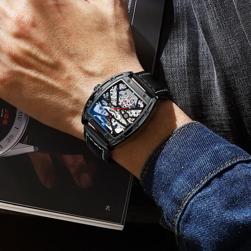 Mens Automatic Mechanical Watch Wine Barrel Skeleton Genuine Leather Waterproof 30M Luminous Casual Style