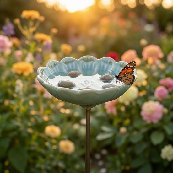 Ceramic Flower Bee Feeder, Garden Bee Watering Station, Outdoor Decorative Butterfly Cup for Thirsty Pollinators Patio Yard Decor