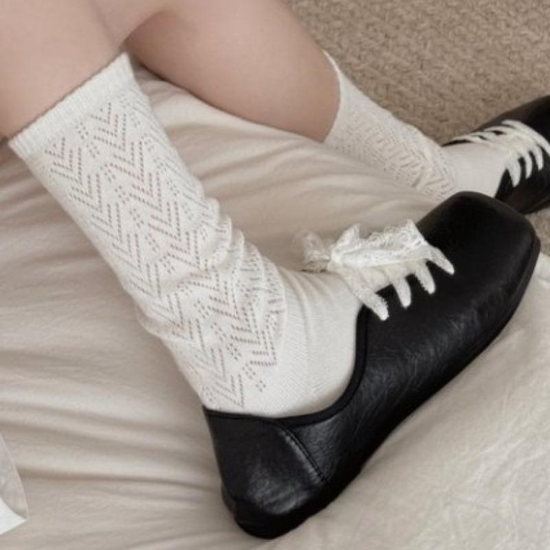 This Spring and Autumn Collection Features Solid-color Hollowed-out Mesh Pile Socks, Mid-calf Socks That Slimmer Legs, and Retro Style Socks