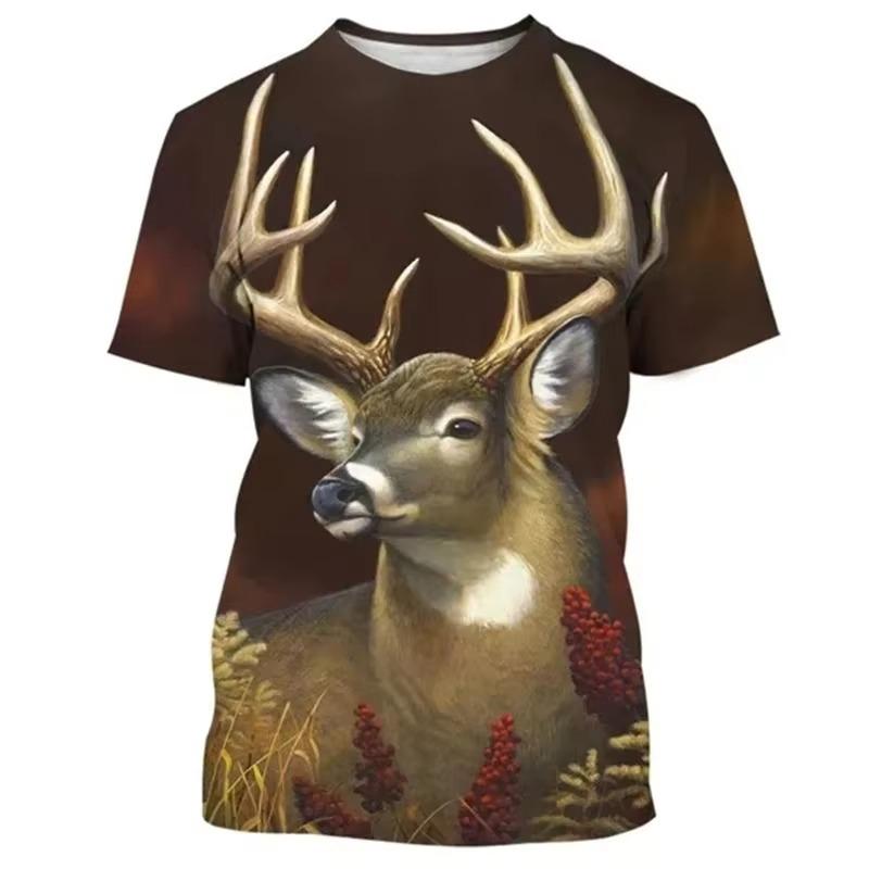 Hirsch 3D-Druck T-Shirt Lustige Tierjagd Grafik Kurzarm Rundhals T-Shirt Herren Outdoor Trend Persönlichkeit Tees
