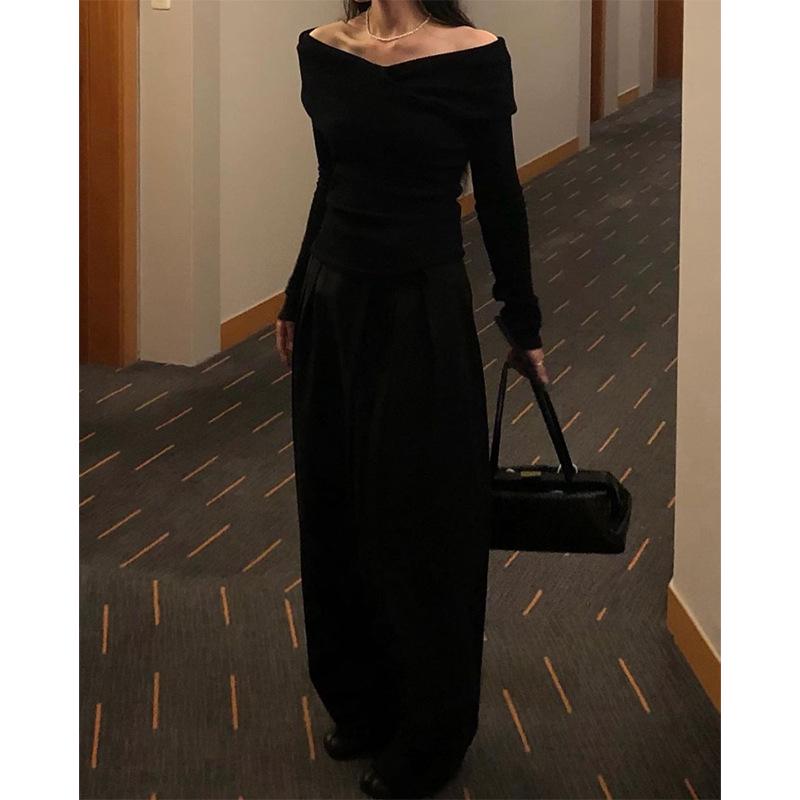 

Однотонный вязаный свитер с V-образным вырезом - женский, высокого класса, в стиле Тондэмун One Size чёрный