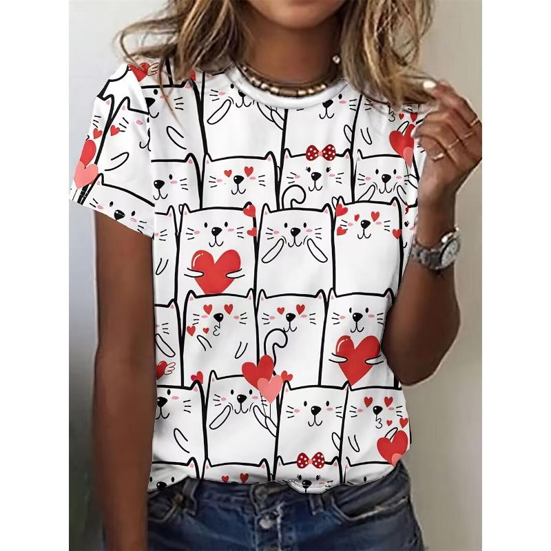 Summer women's dog cartoon animal round neck short sleeved T-shirt