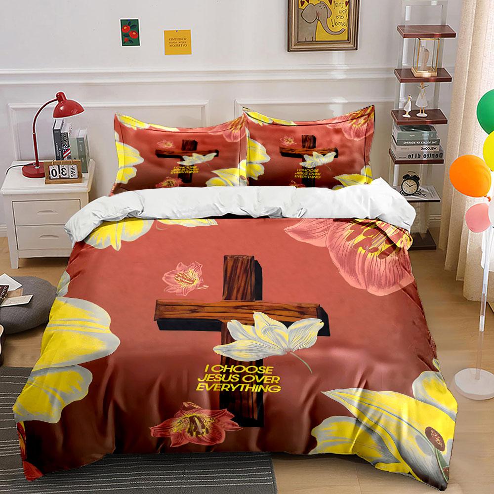 Choose Jesus Floral Cross Design Bedding Duvet Cover Set Duvet Cover Pillowcases (1*Duvet Cover 2*Pillowcases, Without Duvet Insert)