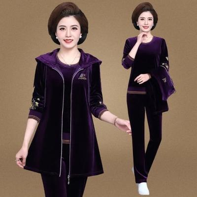 Trening din catifea pentru mama pentru femeie brodat Plus marime tinuta 3 piese ocazional cu fermoar vesta cu gluga + tricou + pantaloni set costum de trening