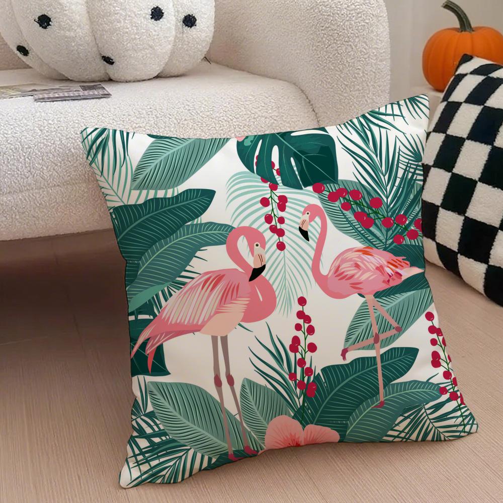 Forest Flamingo Palm Leaves Plant Pattern Art Cushion Cover Throw Pillow Cover Hidden Button Durable Polyester Chair Cushion