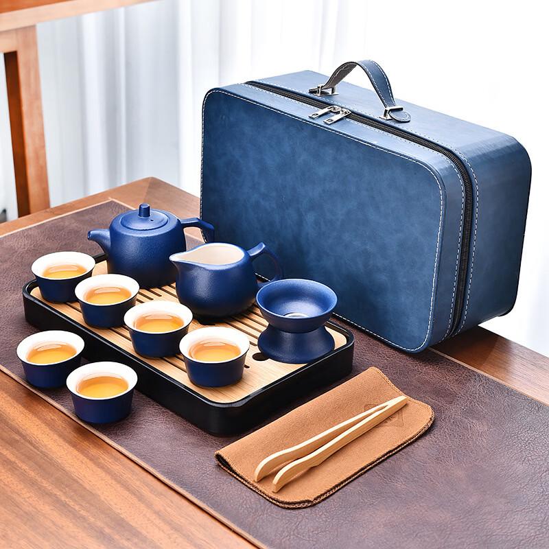 Black Pottery Travel Tea Set with Side-Handle Pot With Bamboo Tray & Blue Gift Box