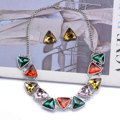Colored Triangular Glass Set Necklace Stud Earrings Elegant Date Evening Dress With Necklace