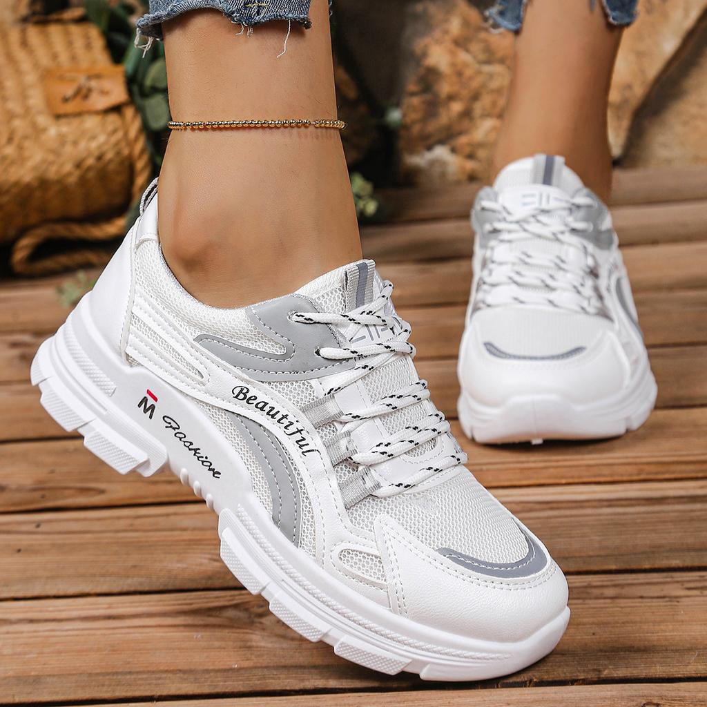 Fashion Fashion Mix Color Lace Up Sneakers Women 2025 Autumn Breathable Mesh Thick Bottom Sports Shoes Comfort Non Slip Running Shoes