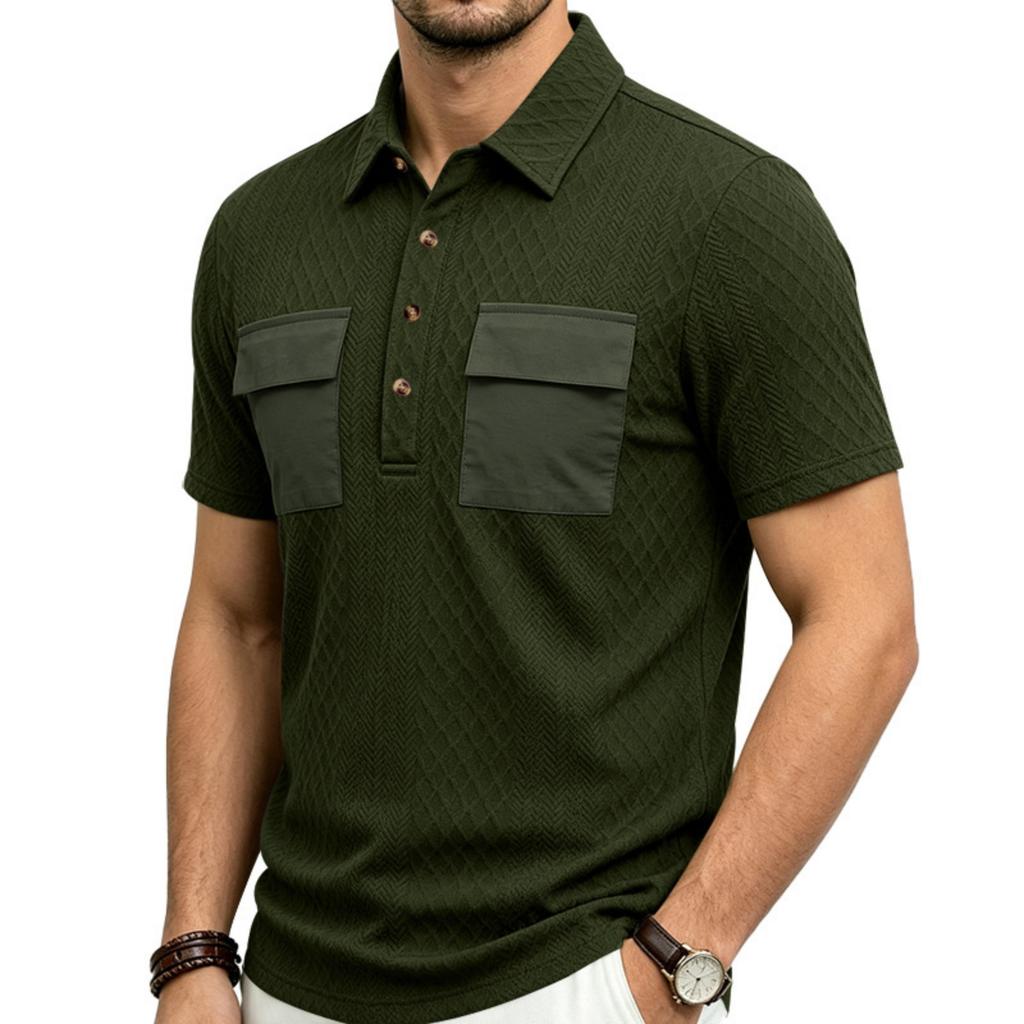 Men Heavyweight Loose Fit Jacquard Polo Shirt Workwear Multi Pocket Casual Short Sleeve Outdoor Shirt with Contrast Details