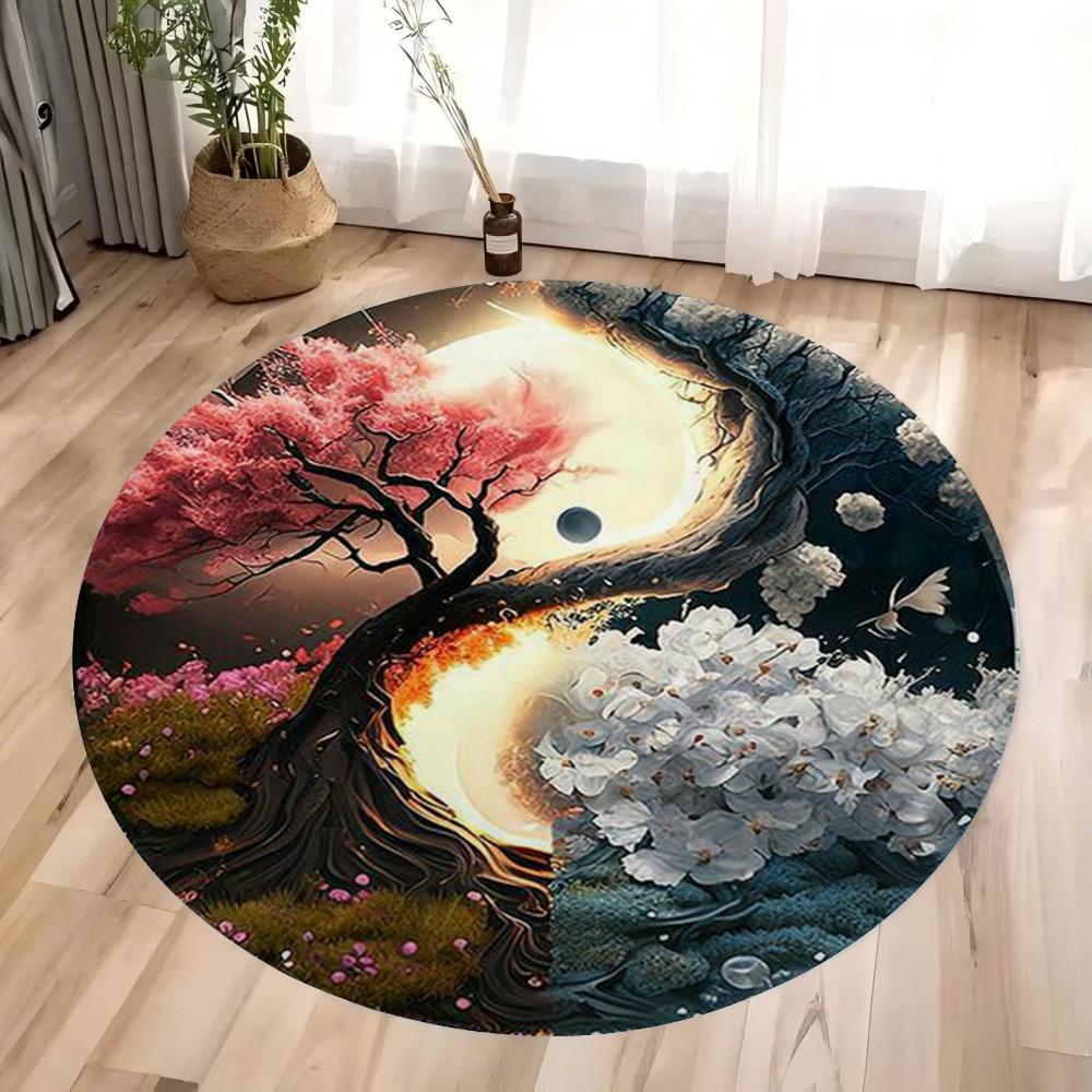 Yin Yang Mythische Kreaturen Muster Runder Fußabtreter Lebhafte Drachen und Glücksbringende Tiere Rutschfeste Fußmatte für Heimdekoration
