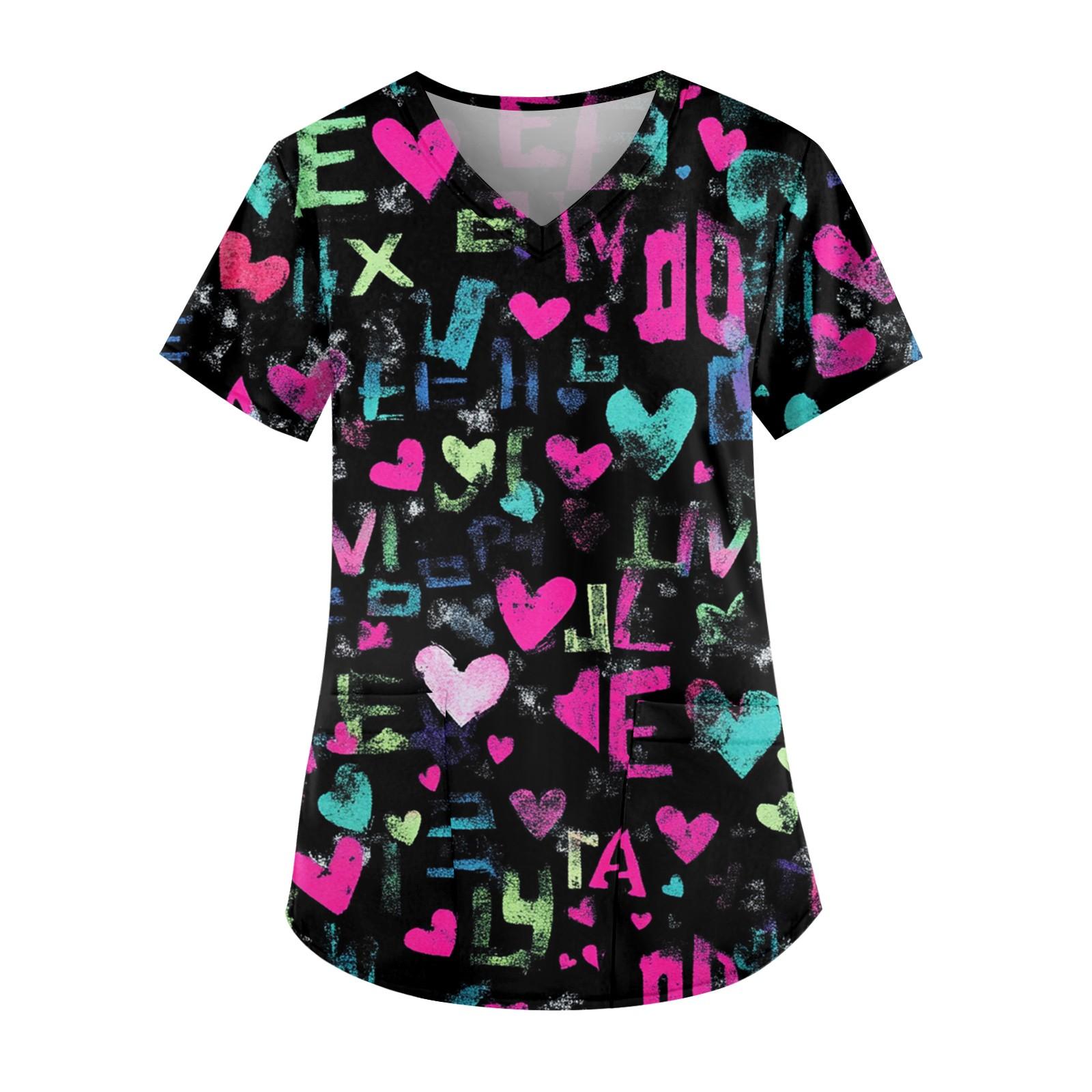 

Рабочая форма больших размеров с принтом, топы для женщин, забавные футболки с v-образным вырезом и короткими рукавами, рабочая одежда, футболка с карманами XL розовый