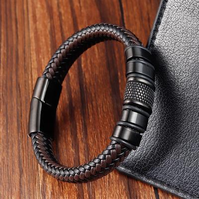 Fashion Handmade Men's Leather Bracelet Trendy Classic Charm Braided Wrap Stainless Steel Bracelets Punk Bangles