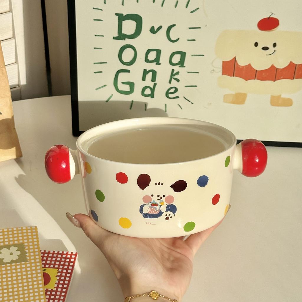 Cute instant noodle bowl with lid spoon Ceramic big bowl High value snail wordy powder bowl Student dormitory rice bowl