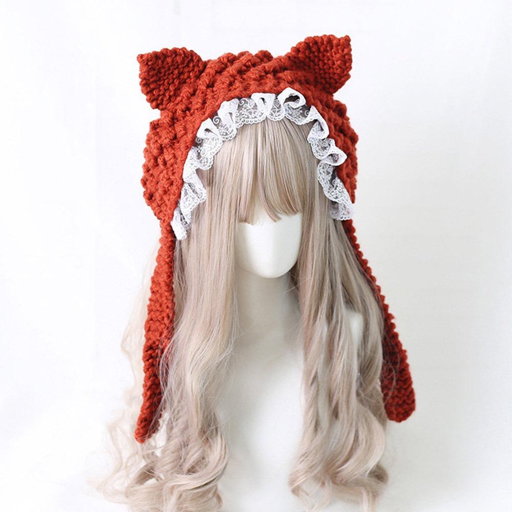 Fashion Cartoon Knitted Cat Ear Hat Ear Protection Casual Crochet Wool Hat Cute With Bow Photo Props Cap Outdoor
