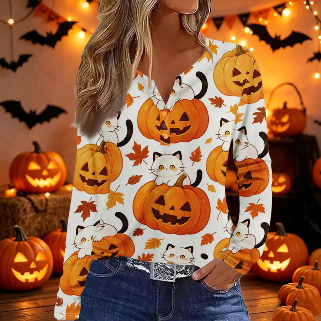 Damen Casual V-Ausschnitt Langarm T-Shirt mit dekorativen Knöpfen und Halloween-Thema Aufdruck für den täglichen Gebrauch