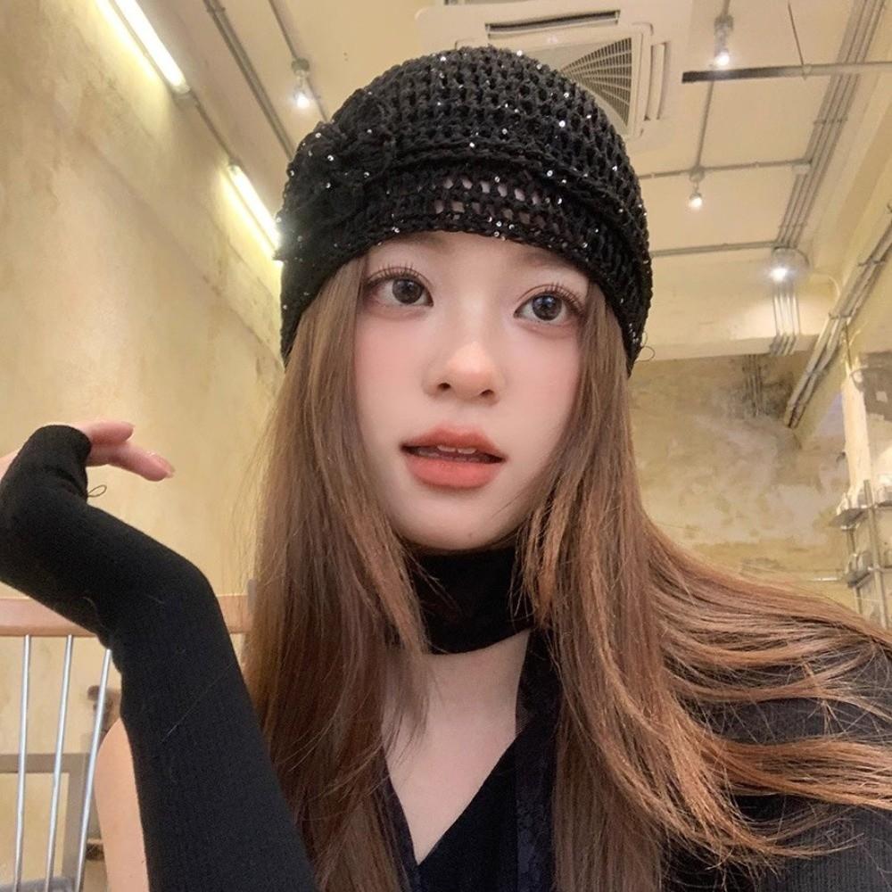 Hollow Flower Knitted Caps Hand-woven Beanies Cap Korean Sequin Crochet Hat  Streetwear