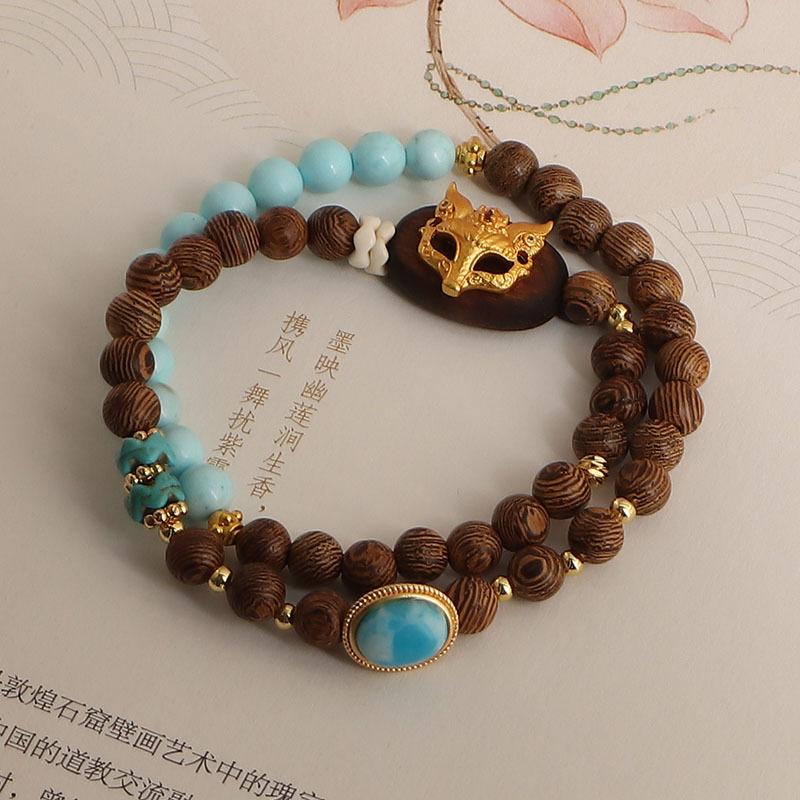 Natural Sandalwood Beaded Double Circle Bracelet, Good Luck, Exquisite Blue Water, Jade Lucky, Nafu, National Style Transfer Bead Bracelet Batch