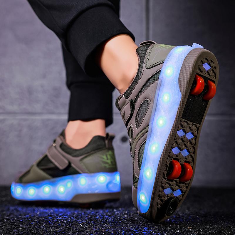Kid's Luminous Sneakers Led Light Shoes Children's /Boys /Girls USB Charging Glowing Wheels Parkour Roller Skate Shoes