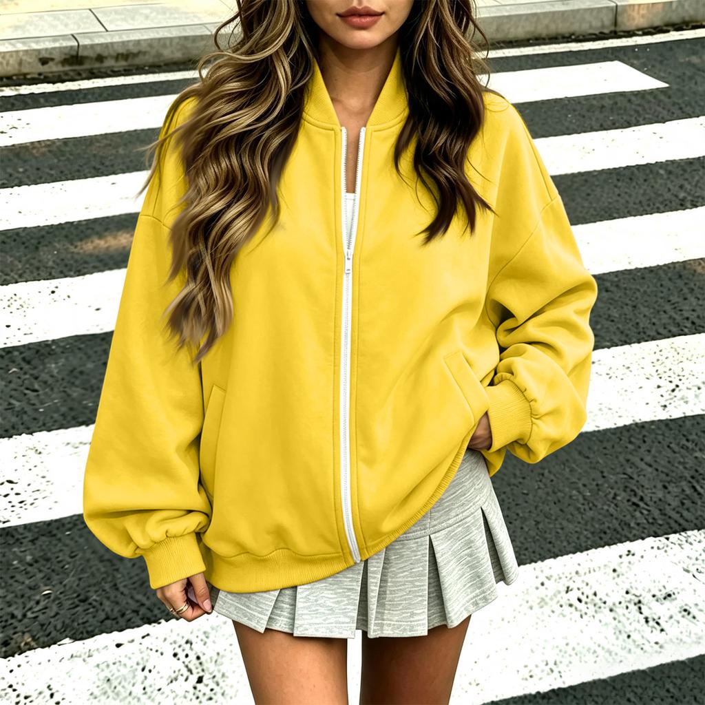 Women's Long Sleeve V-Neck Zip-Up Jacket Loose Fit Color Casual Outerwear