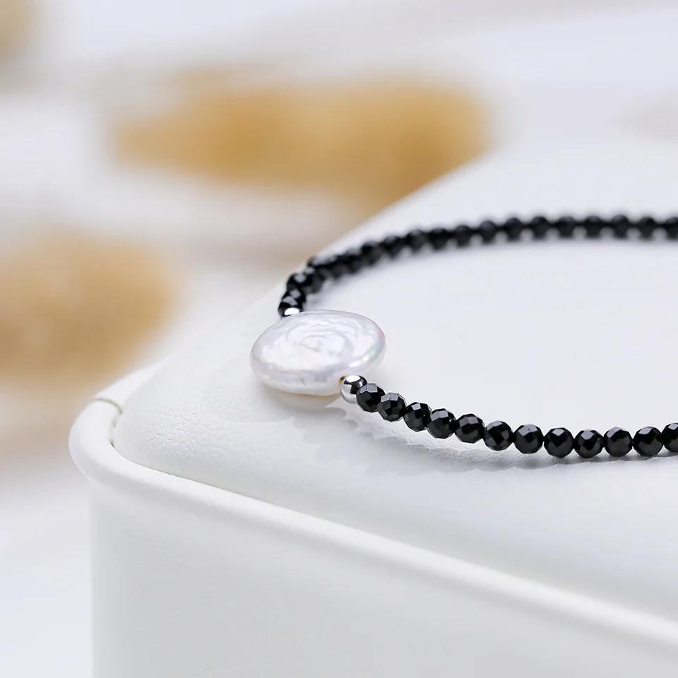 HENGSHENG 12-13mm Big Baroque Freshwater Pearl Bracelet for Women Black Crystal Stone 16cm 925 Sterling Silver Bracelet Girls